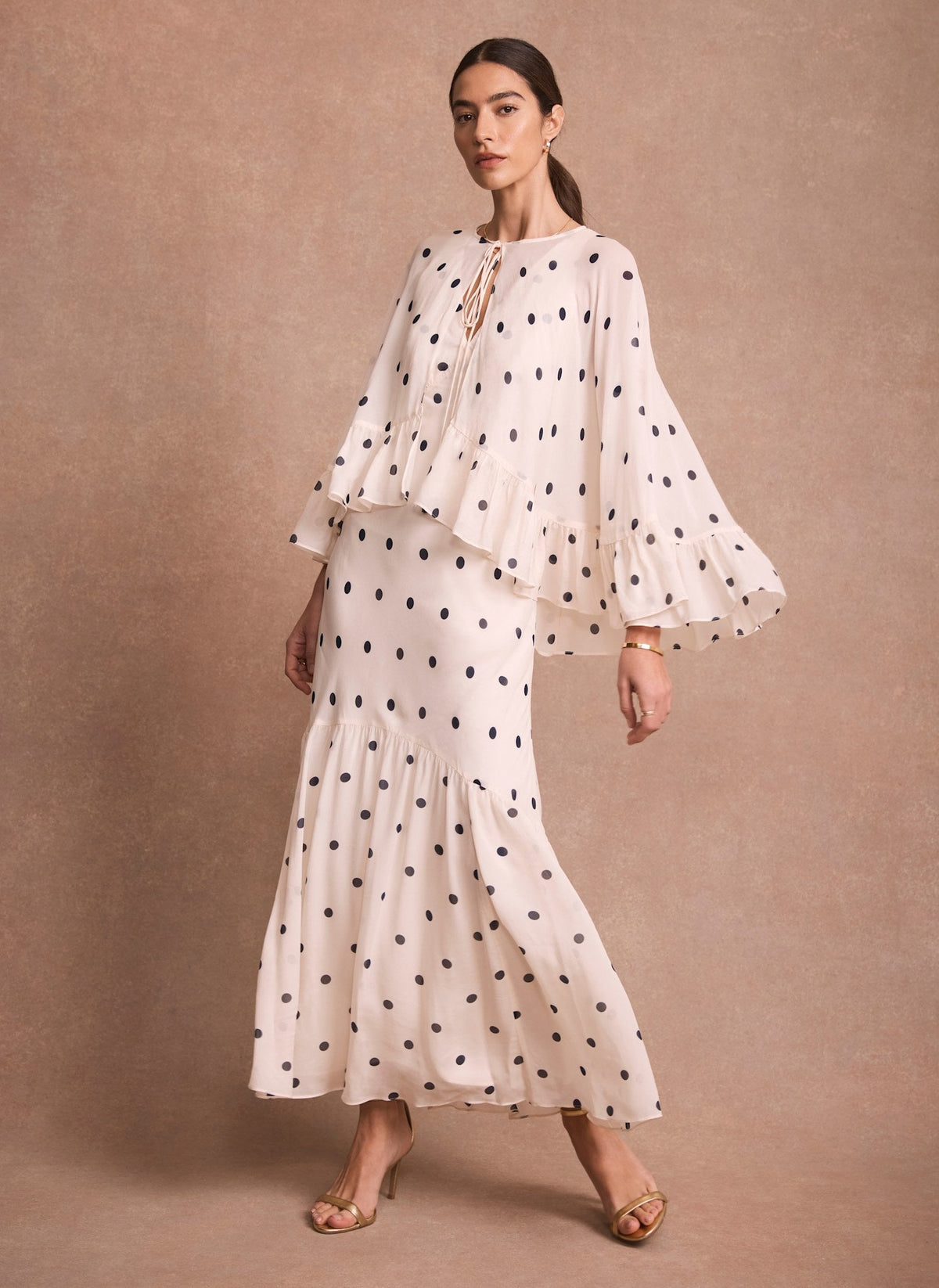 Cream Polka Dot Print Cape Maxi Dress