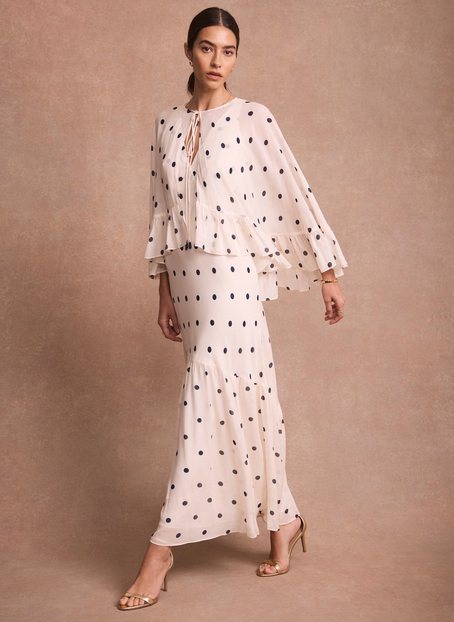 Cream Polka Dot Print Cape Maxi Dress