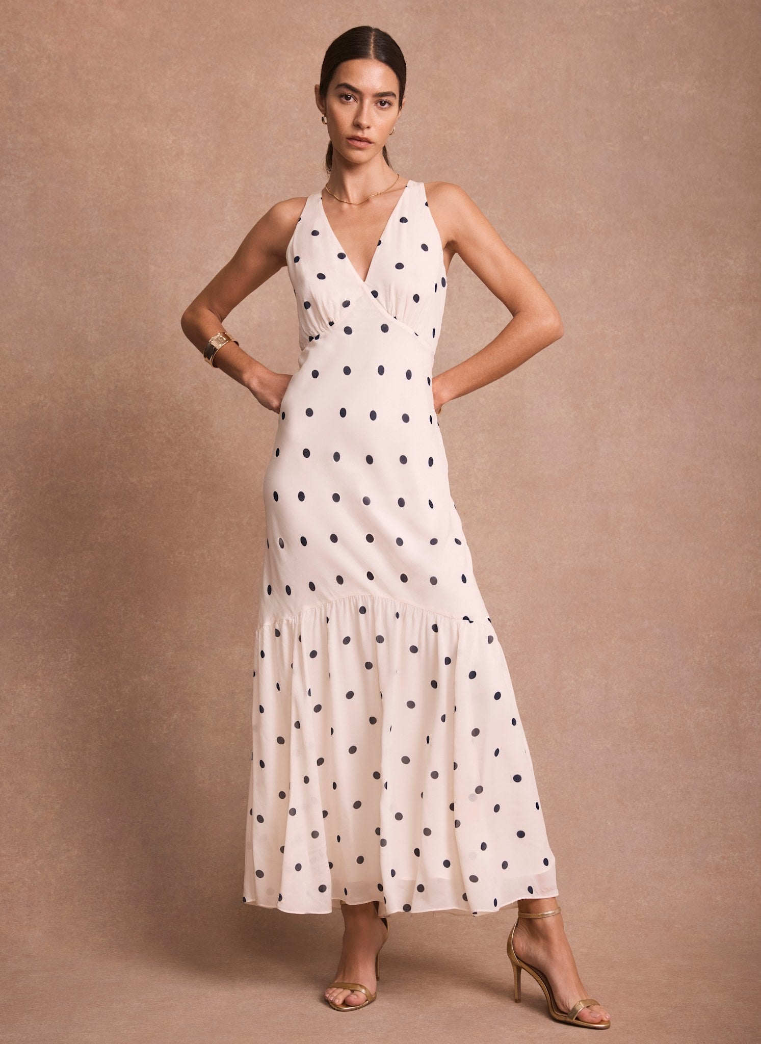 Cream Polka Dot Print Cape Maxi Dress