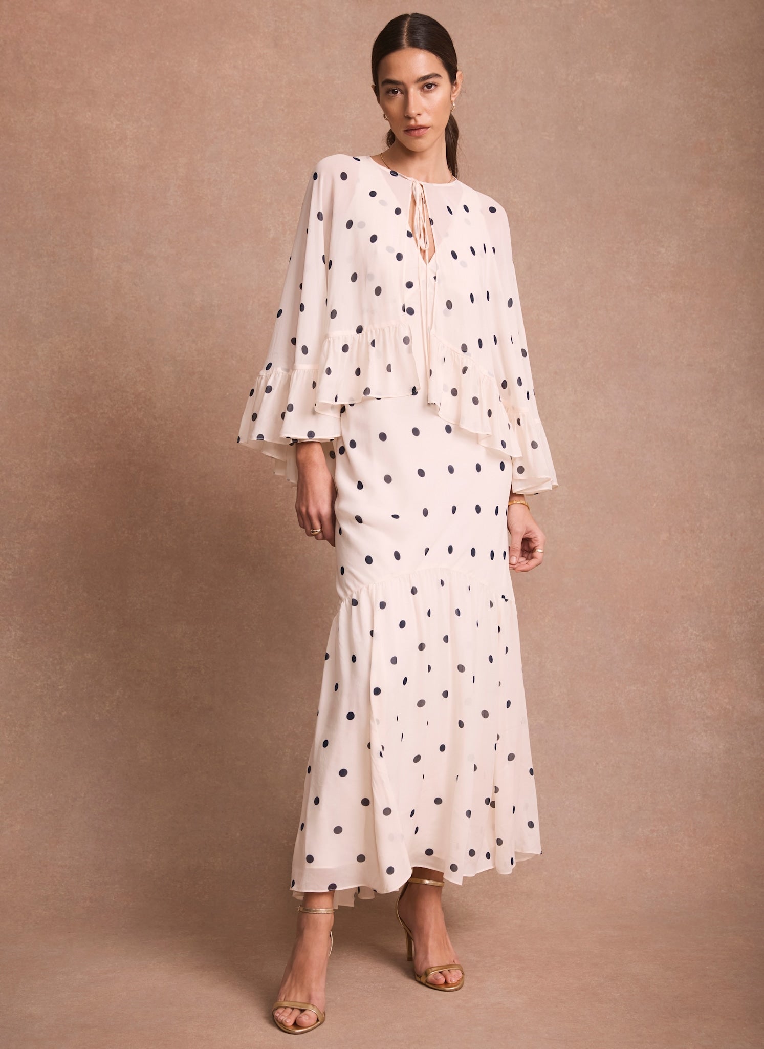 Cream Polka Dot Print Cape Maxi Dress