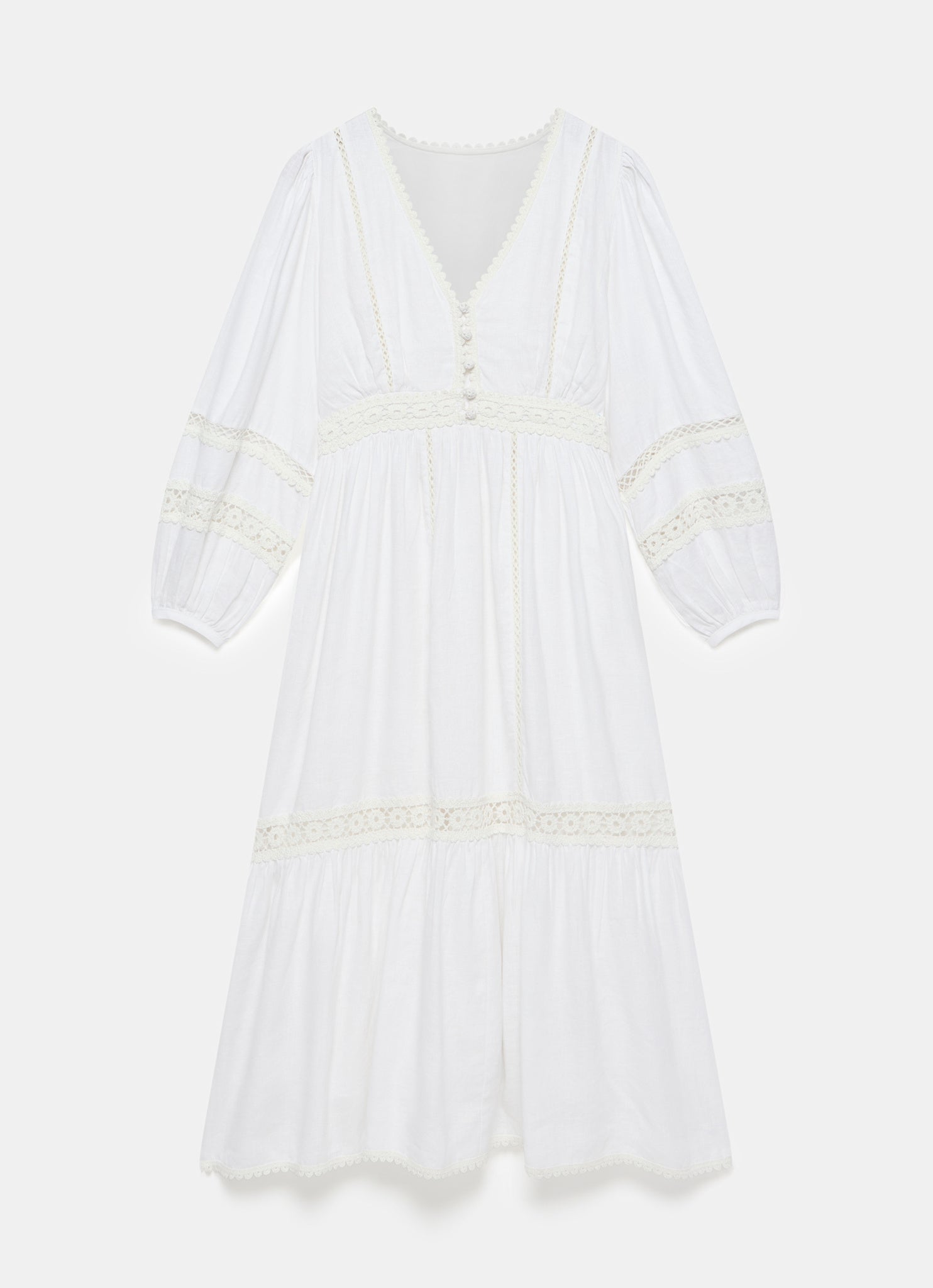 White Crochet Linen Blend Midi Dress