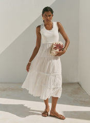 White Crochet Trim Tiered Midi Dress