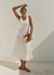 White Crochet Trim Tiered Midi Dress
