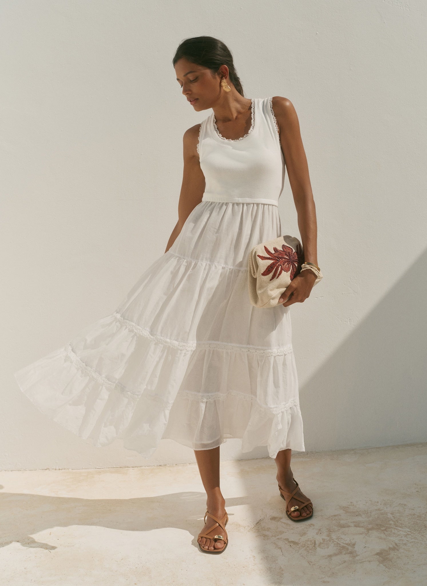 White Crochet Trim Tiered Midi Dress