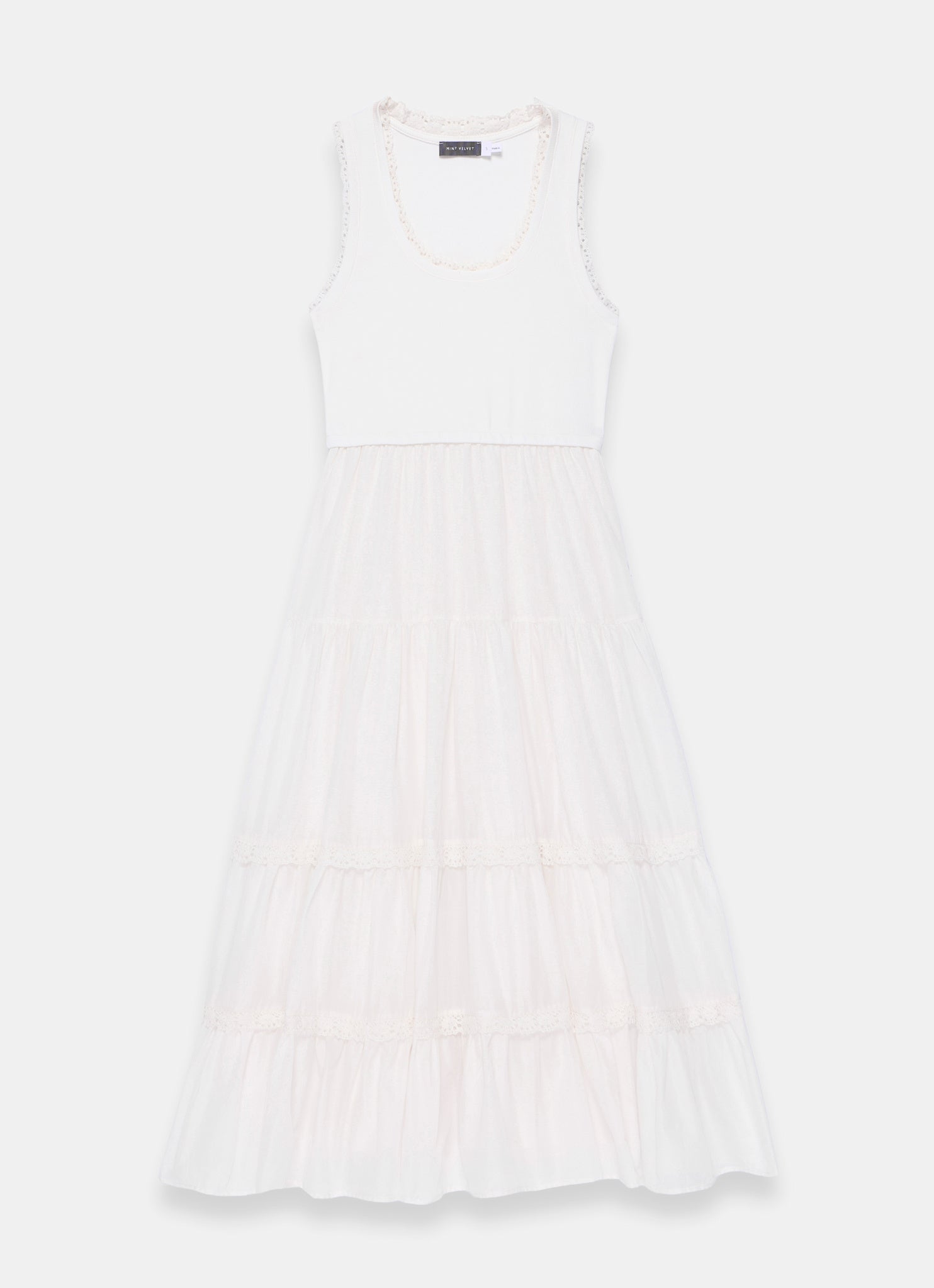 White Crochet Trim Tiered Midi Dress