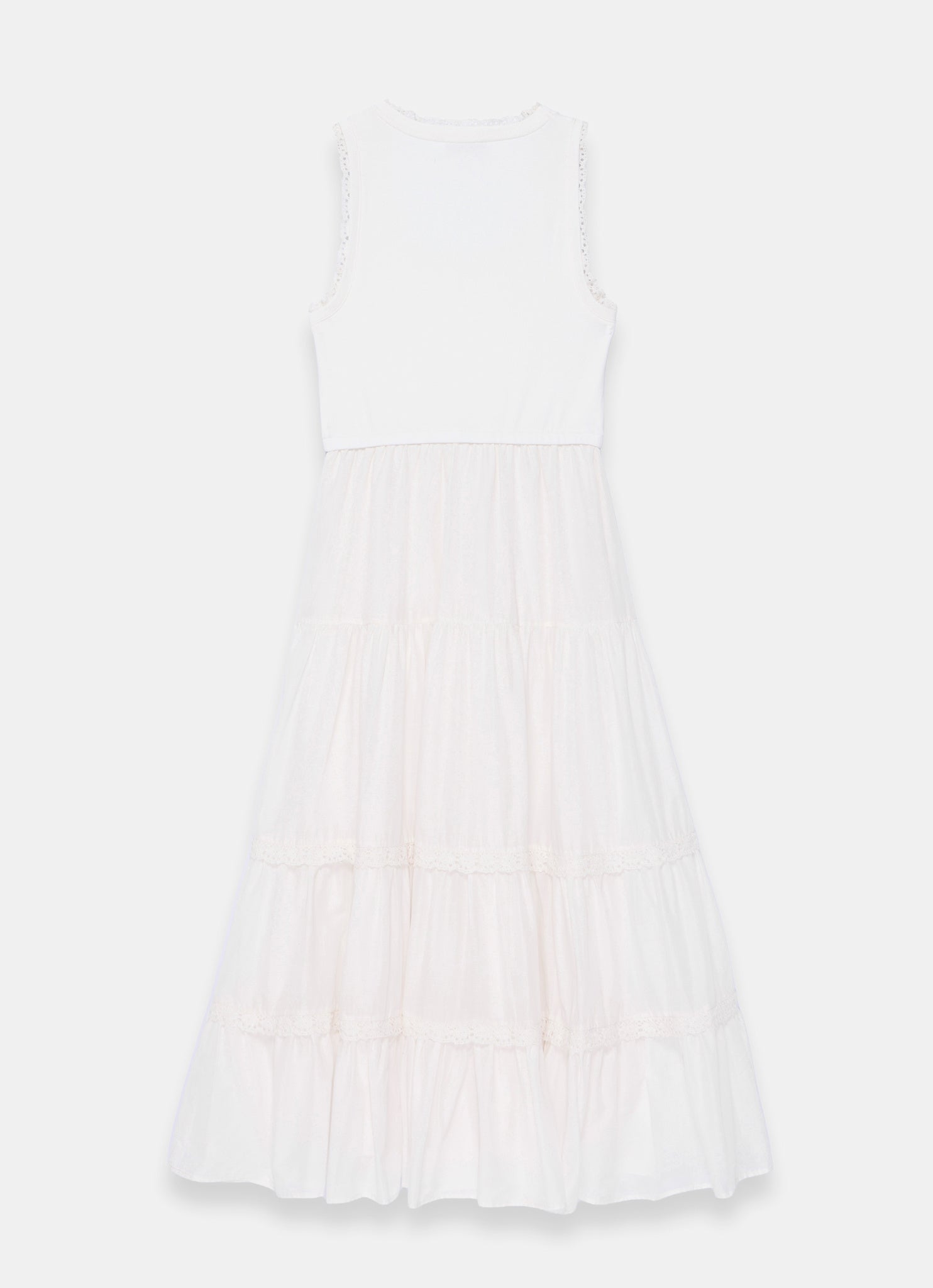 White Crochet Trim Tiered Midi Dress