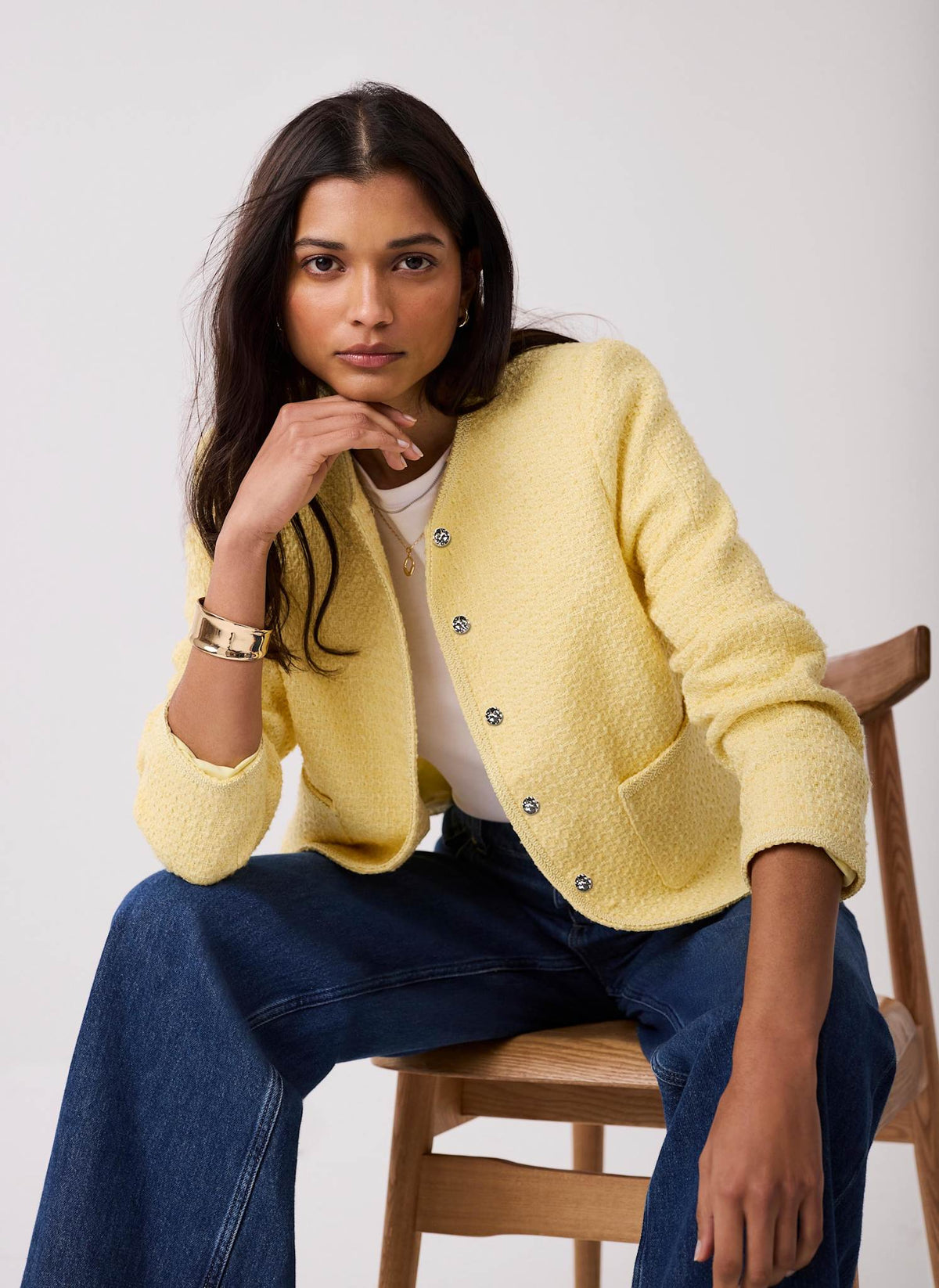Yellow Boucle Cotton Blend Jacket