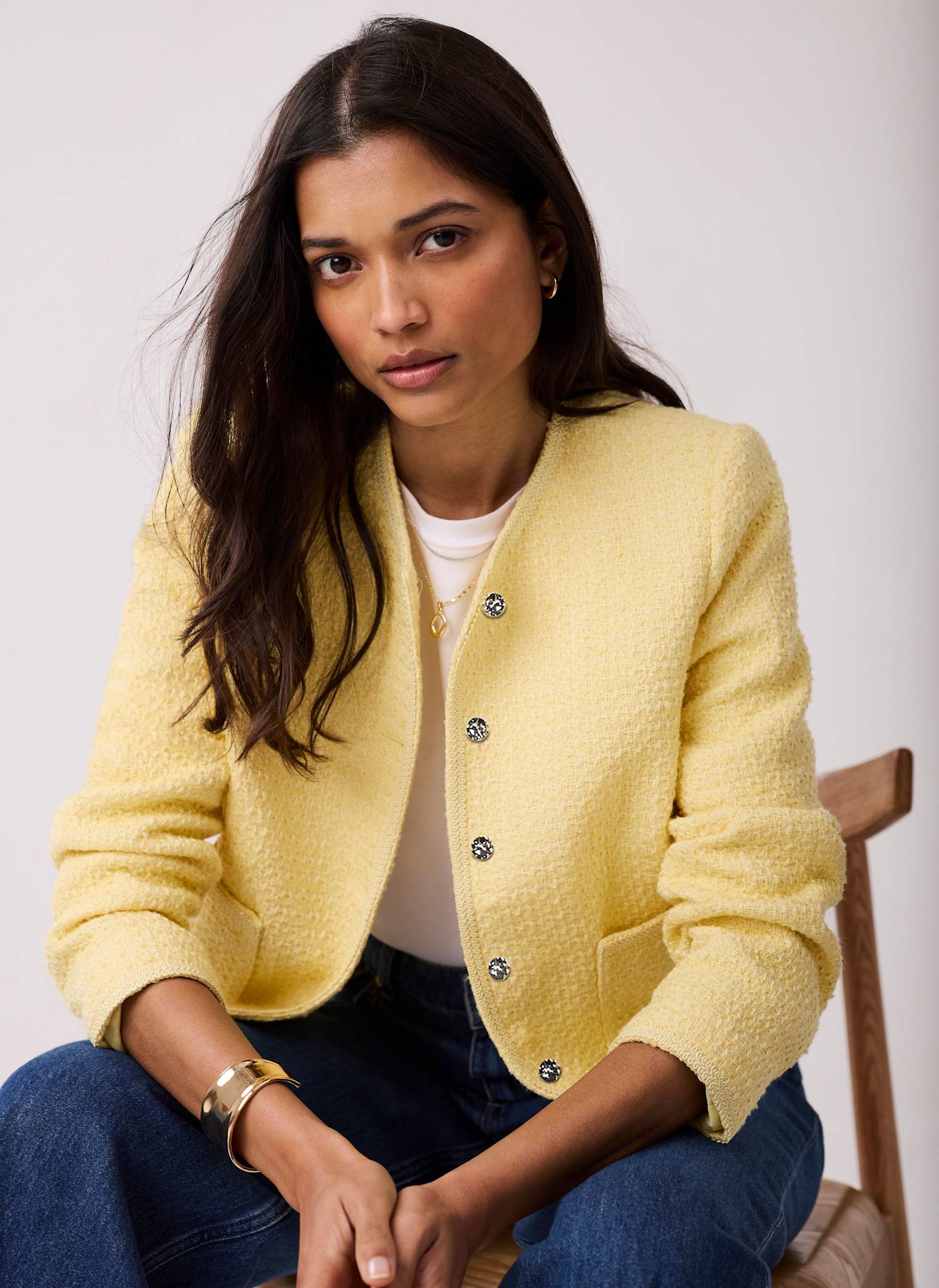 Yellow Boucle Cotton Blend Jacket