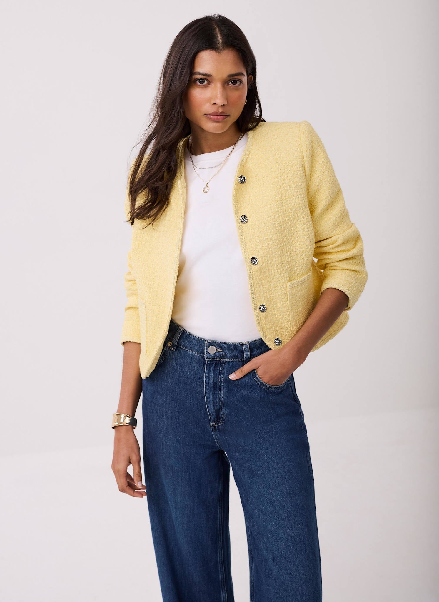 Yellow Boucle Cotton Blend Jacket