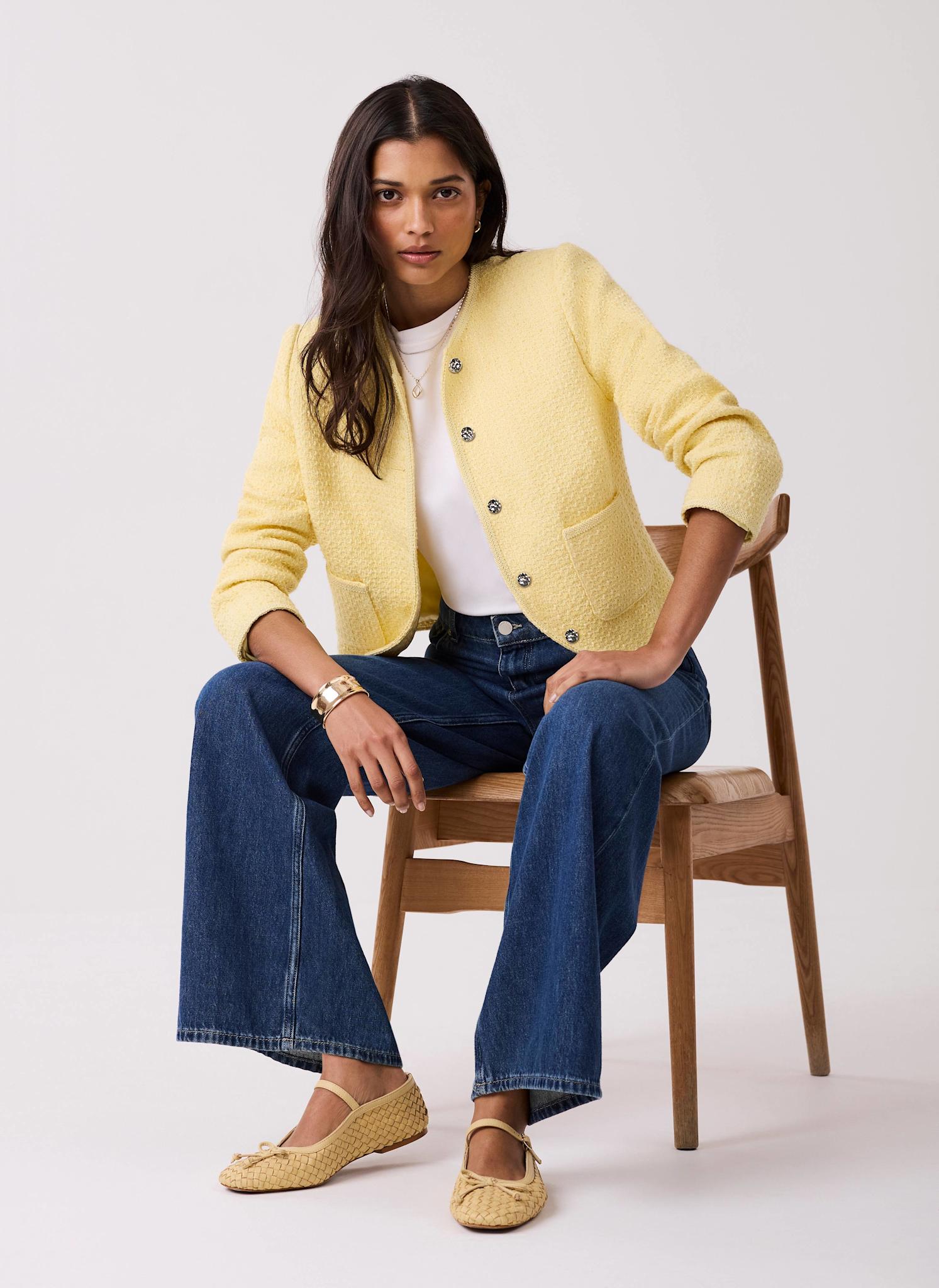 Yellow Boucle Cotton Blend Jacket