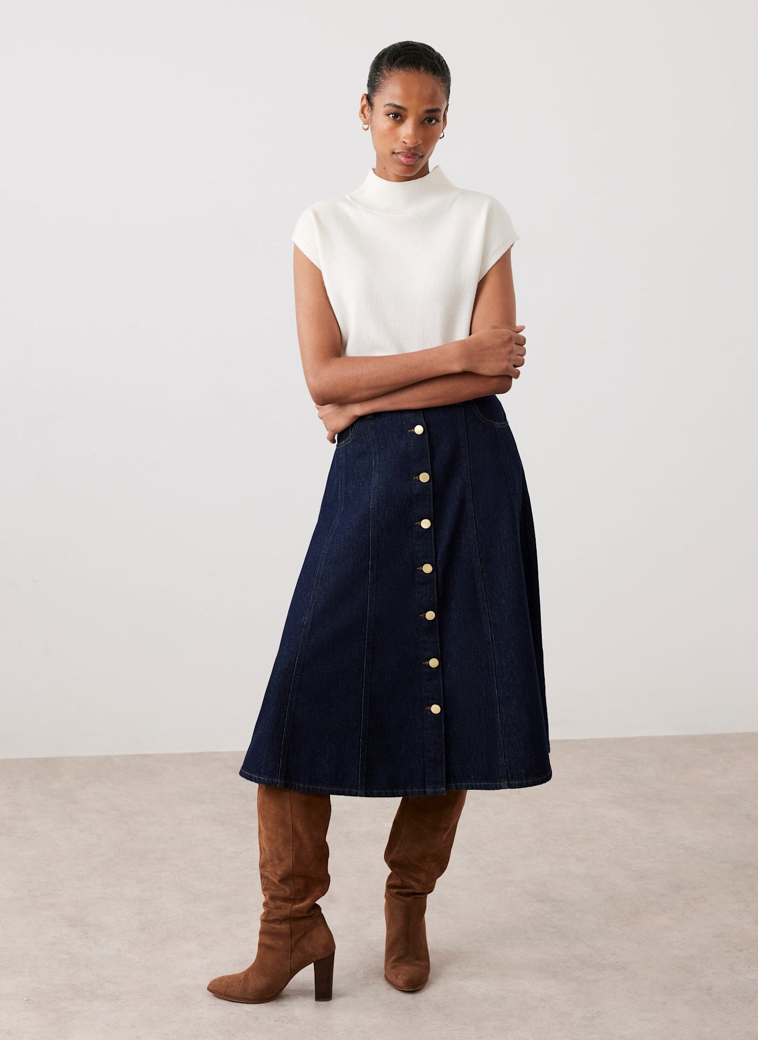 Dark Indigo Denim Midi Skirt