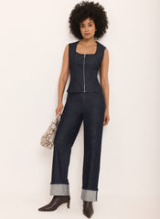 Dark Indigo Denim Zip Detail Top