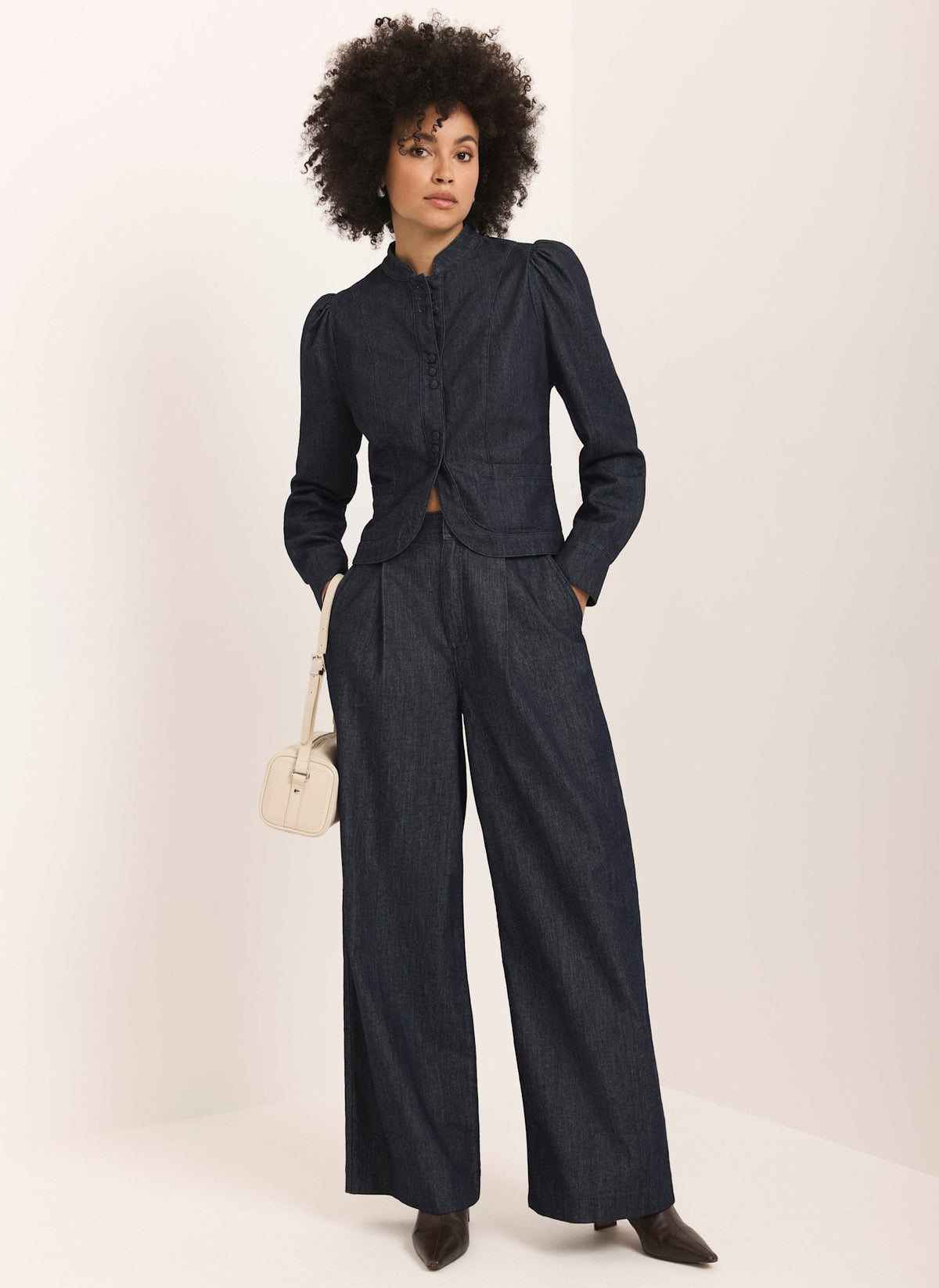 Dark Indigo Pleated Tailored Wide Leg Jeans