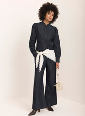 Dark Indigo Pleated Tailored Wide Leg Jeans