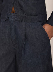 Dark Indigo Pleated Tailored Wide Leg Jeans