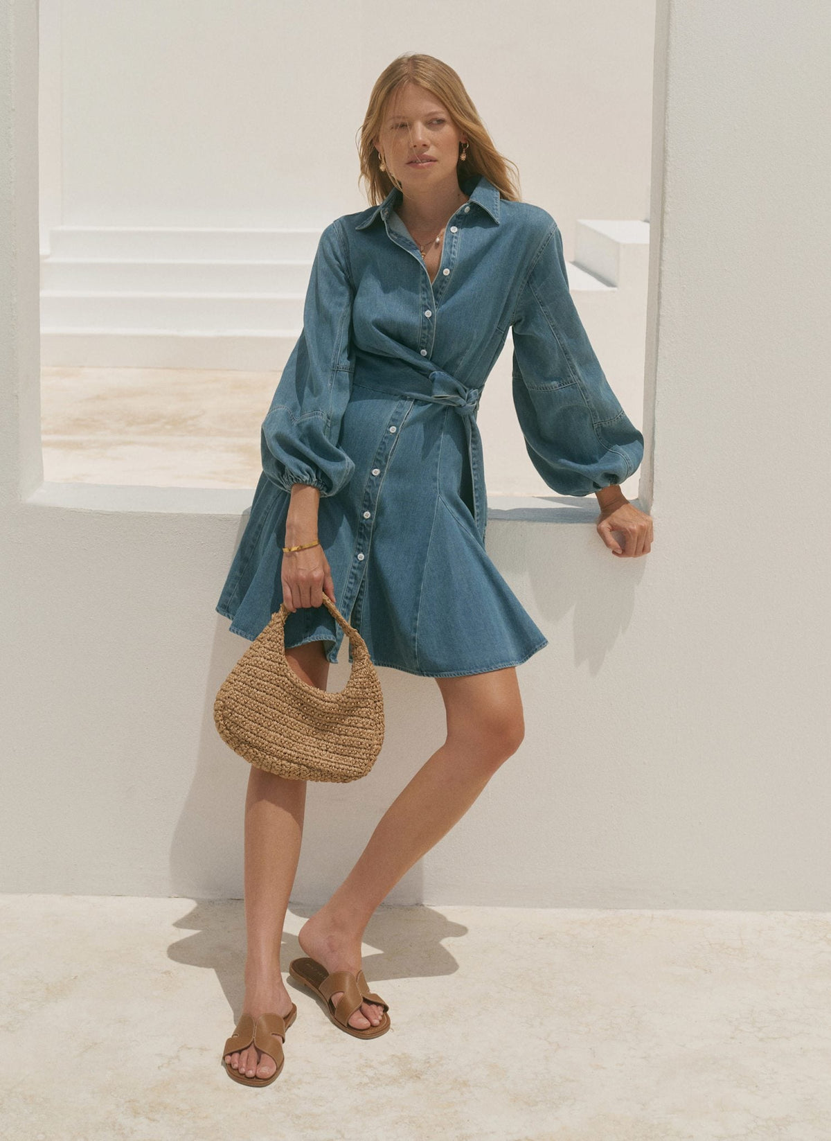 Mid Indigo Denim Long Sleeve Mini Shirt Dress