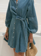 Mid Indigo Denim Long Sleeve Mini Shirt Dress