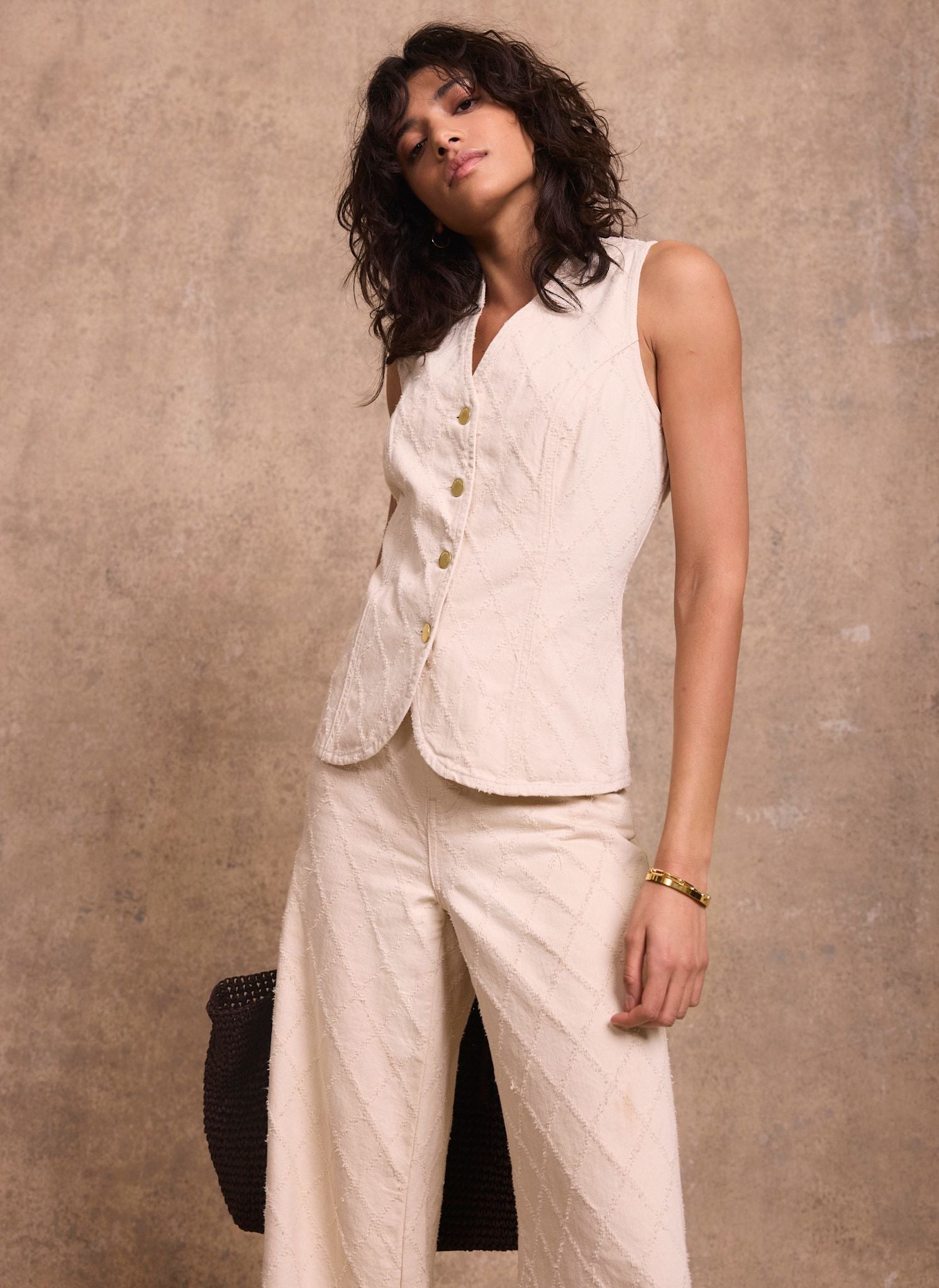 Cream Denim Diamond Textured Waistcoat