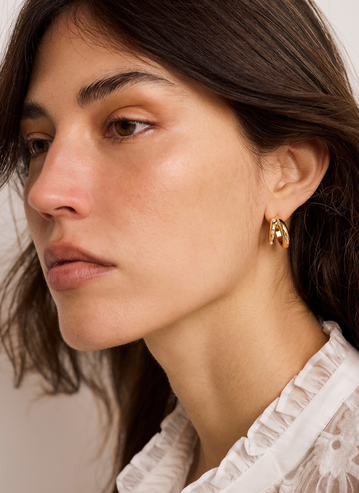 Gold Tone Mini Double Hoop Pearl Earrings