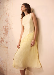 Yellow Crinkle Drop Waist Midi Dress