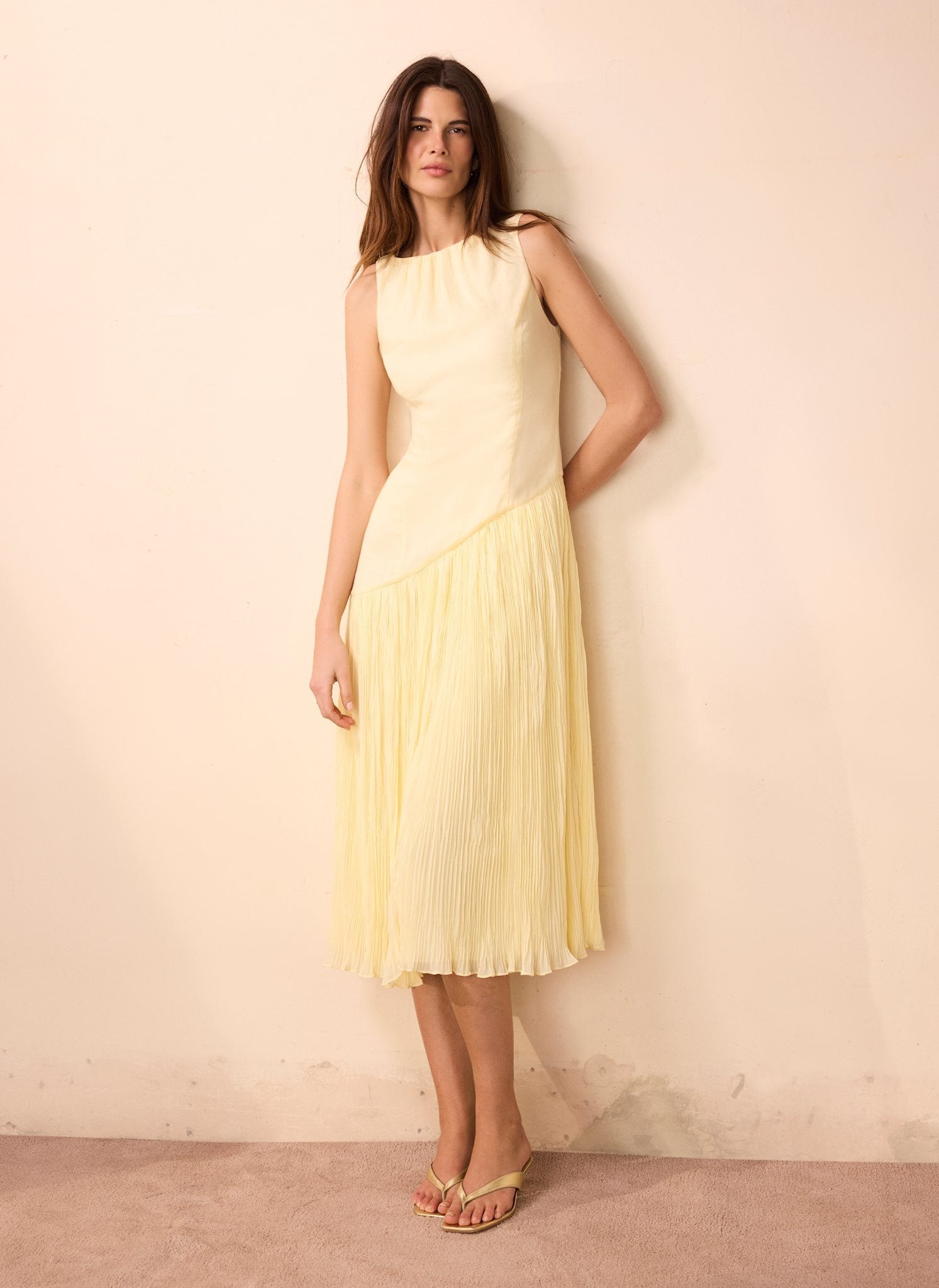 Yellow Crinkle Drop Waist Midi Dress
