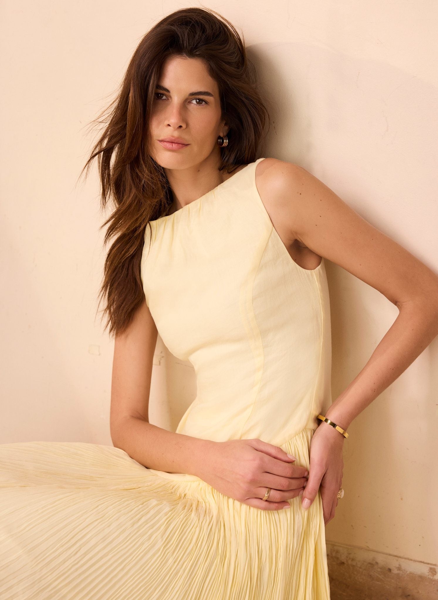 Yellow Crinkle Drop Waist Midi Dress