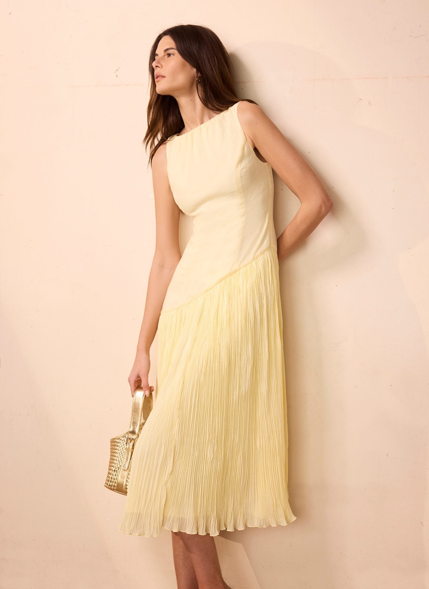 Yellow Crinkle Drop Waist Midi Dress