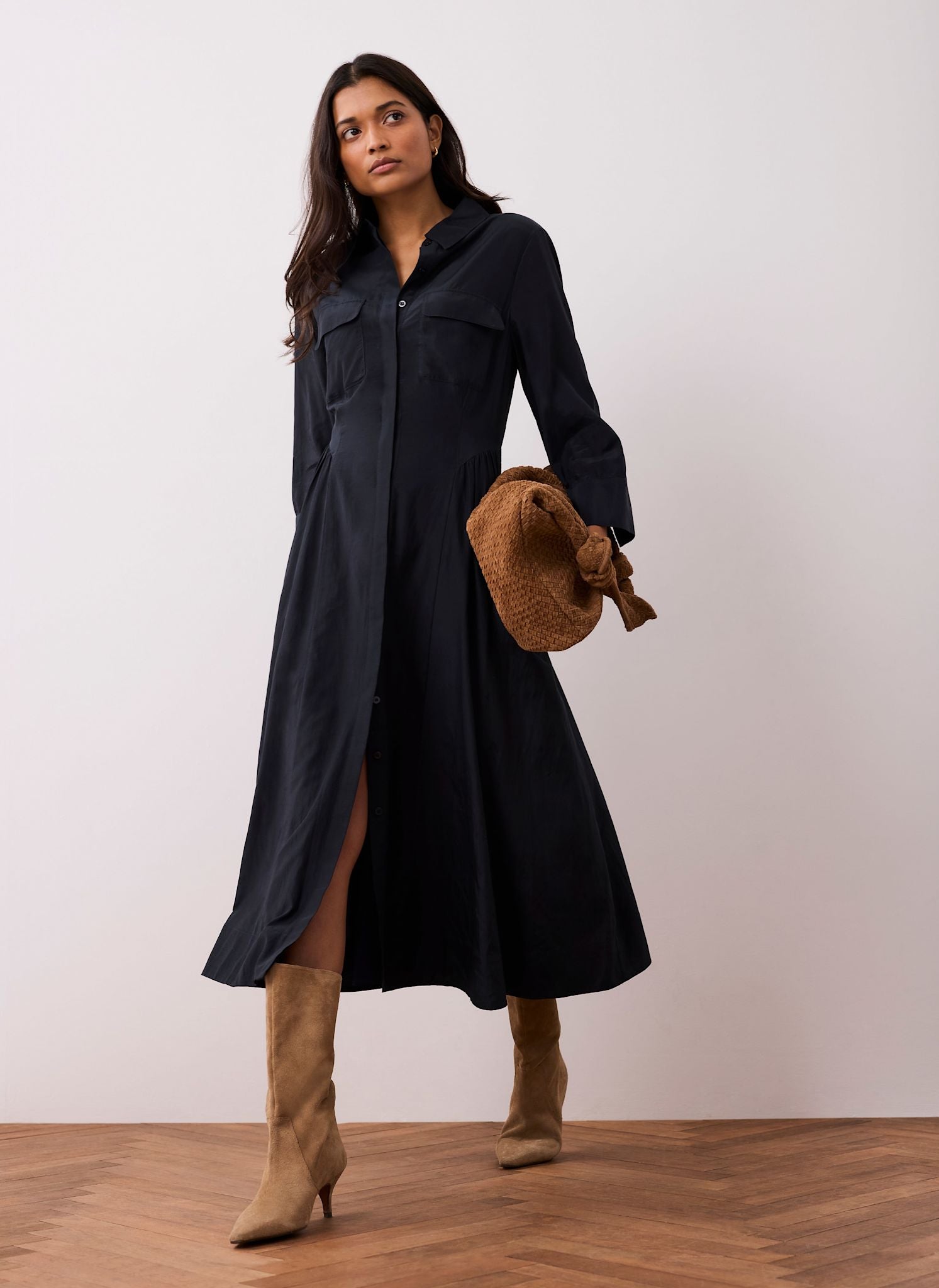 Navy Drop Waist Midi Shirt Dress
