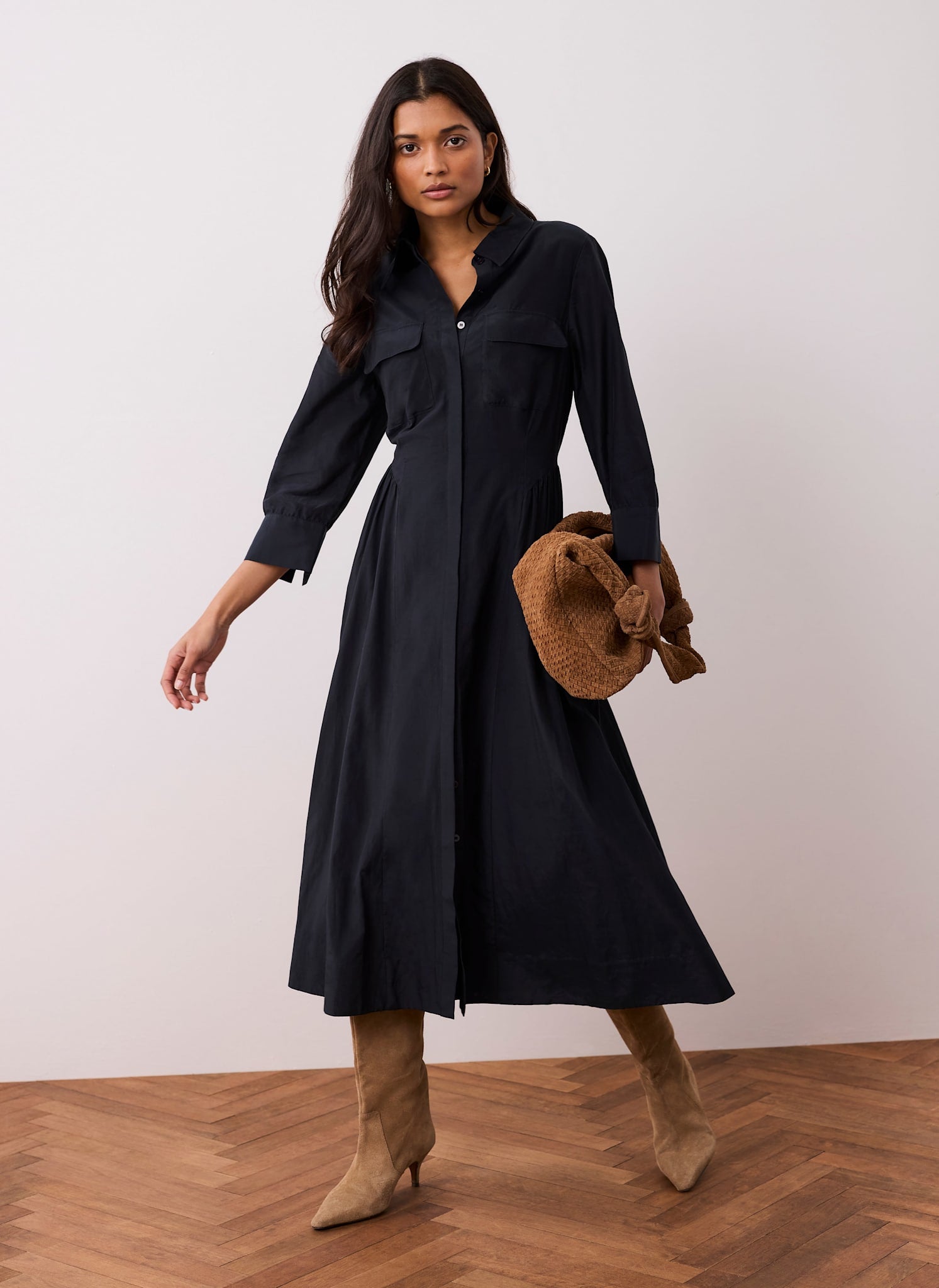 Navy Drop Waist Midi Shirt Dress