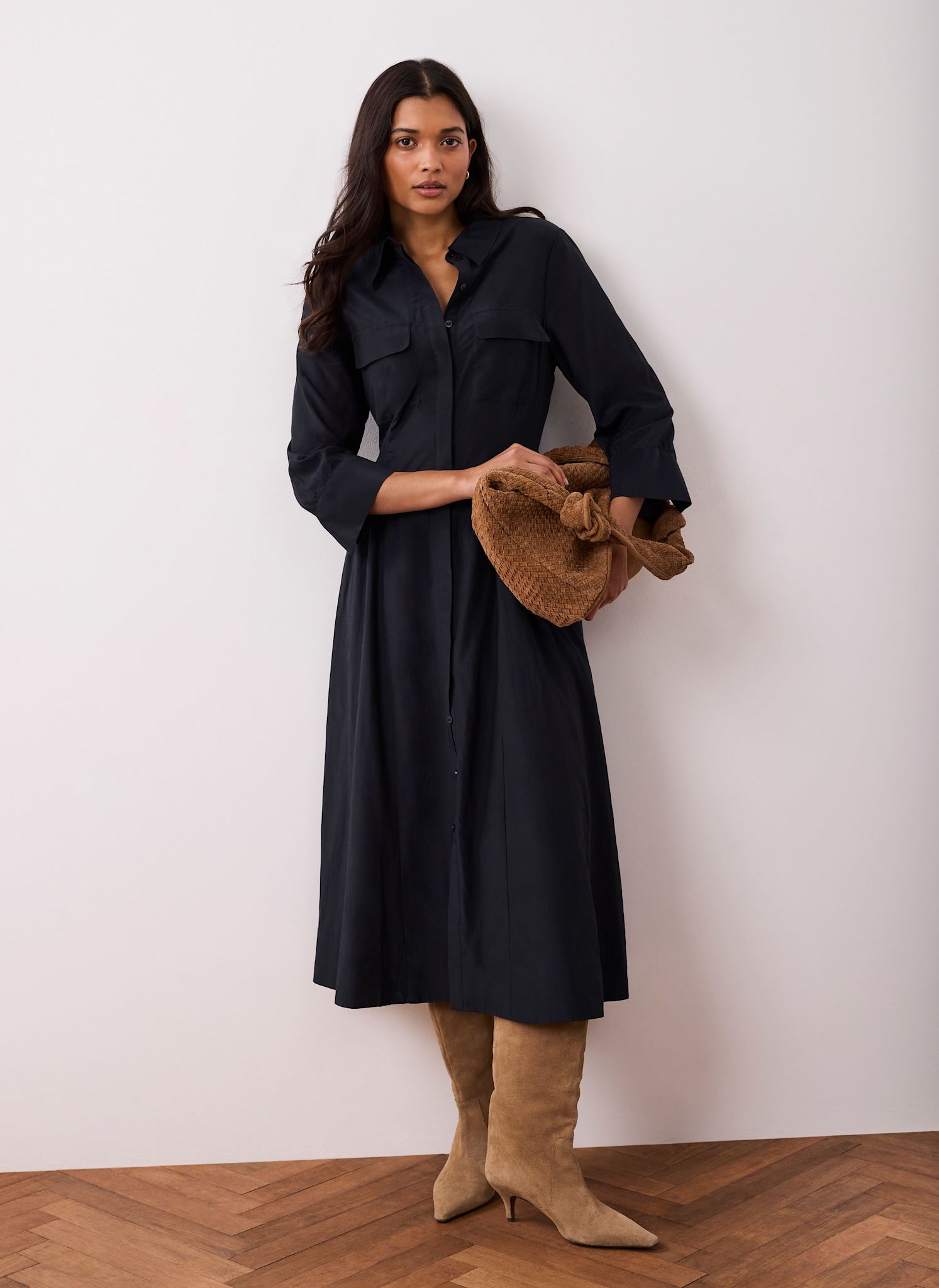 Navy Drop Waist Midi Shirt Dress