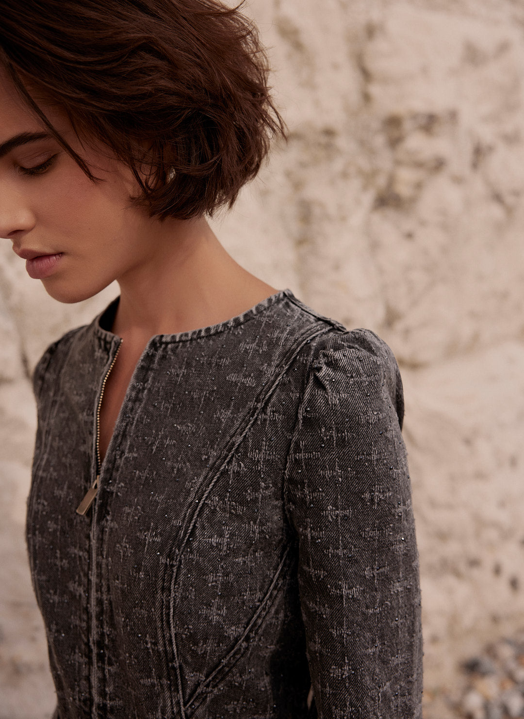 Grey Embellished Denim Midi Dress