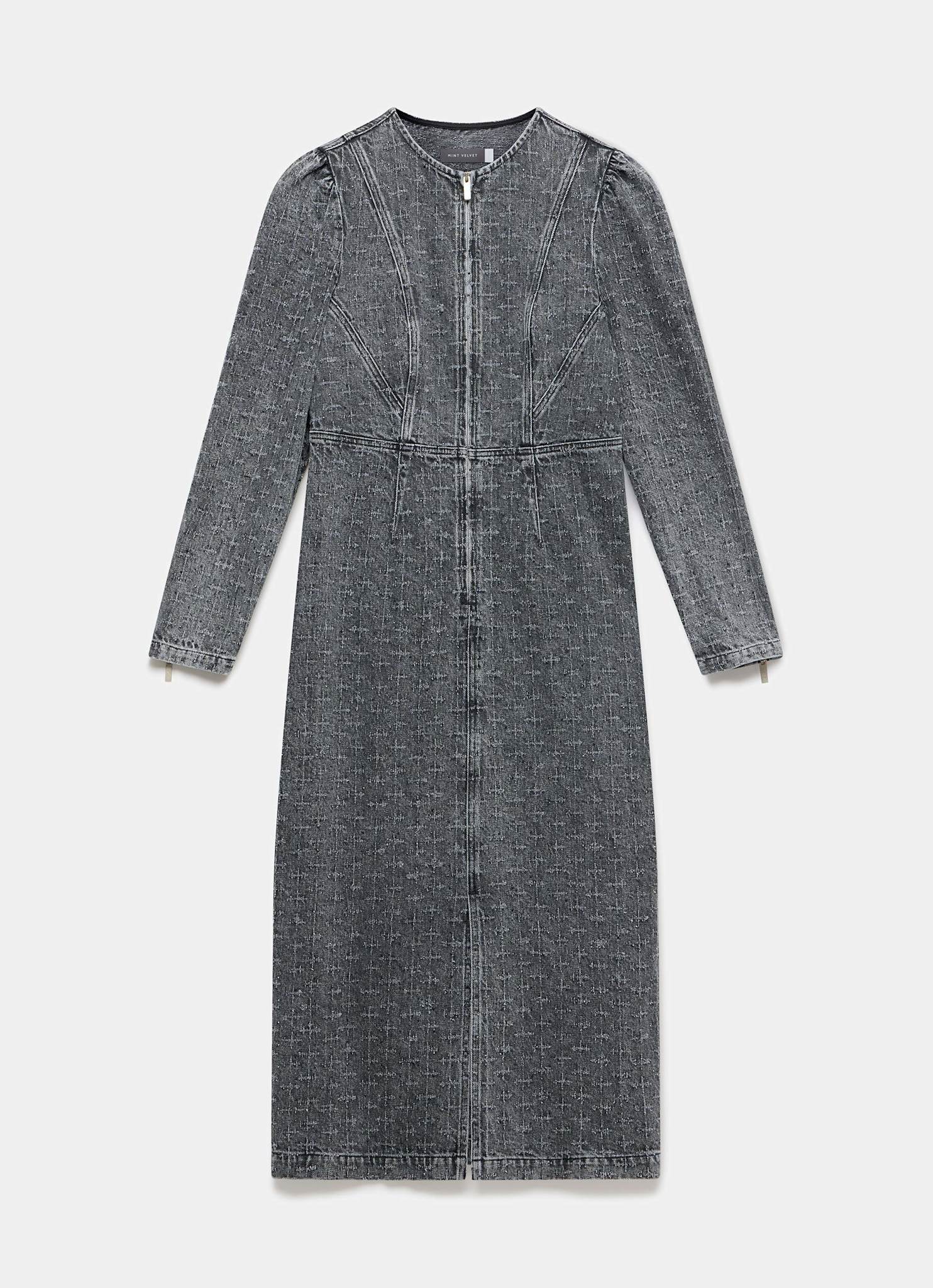 Grey Embellished Denim Midi Dress