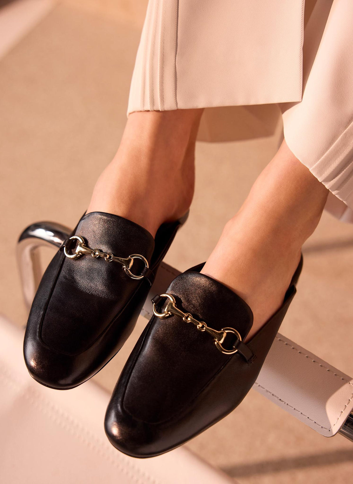 Faye Black Leather Backless Loafers