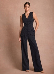 Navy Polka Dot Wide Leg Trousers