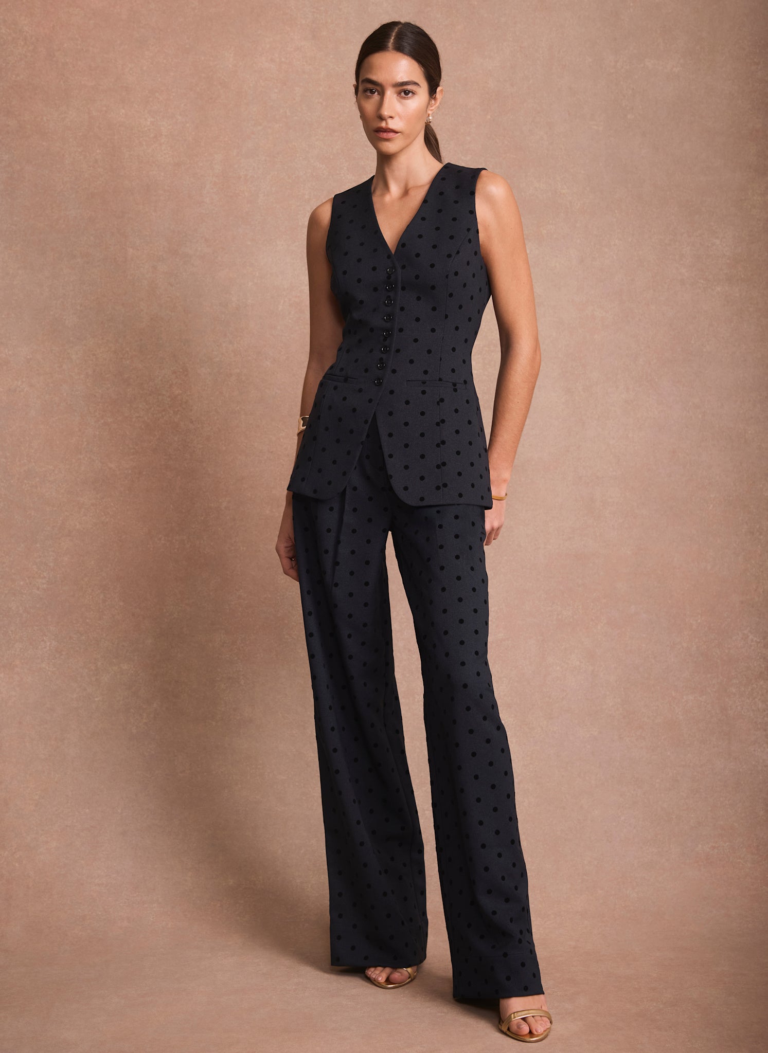 Navy Polka Dot Wide Leg Trousers