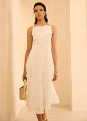 White Cotton Floral Lace Midi Dress