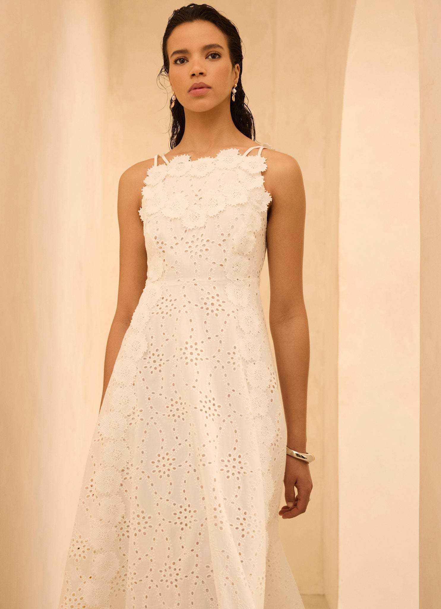 White Cotton Floral Lace Midi Dress
