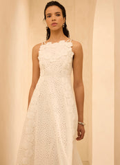 White Cotton Floral Lace Midi Dress