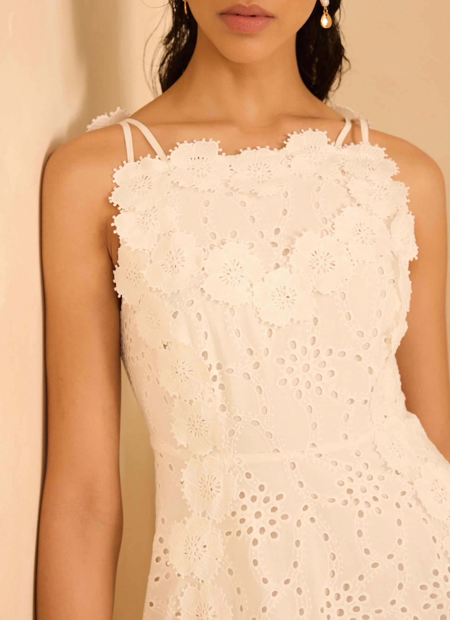 White Cotton Floral Lace Midi Dress
