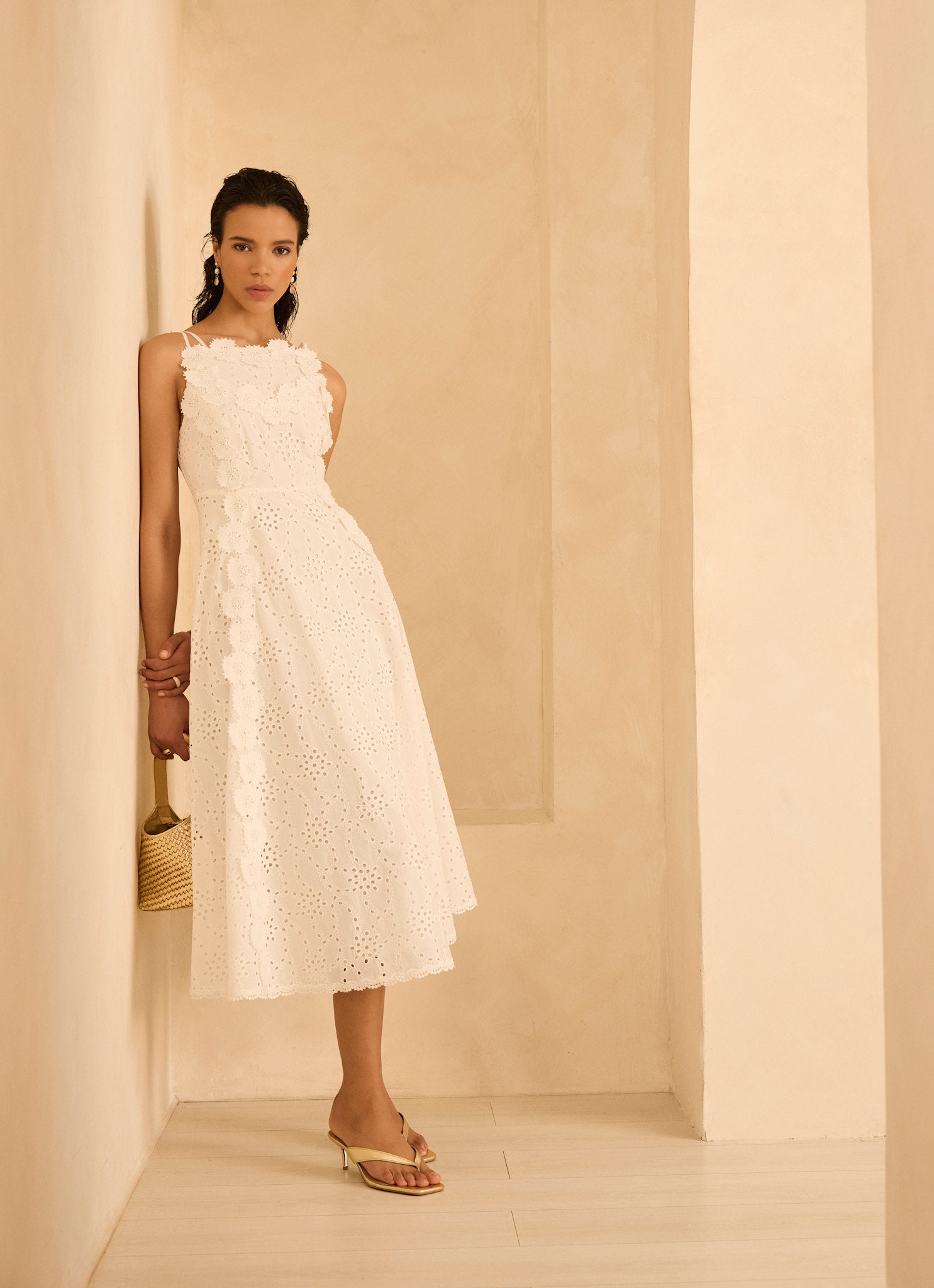 White Cotton Floral Lace Midi Dress