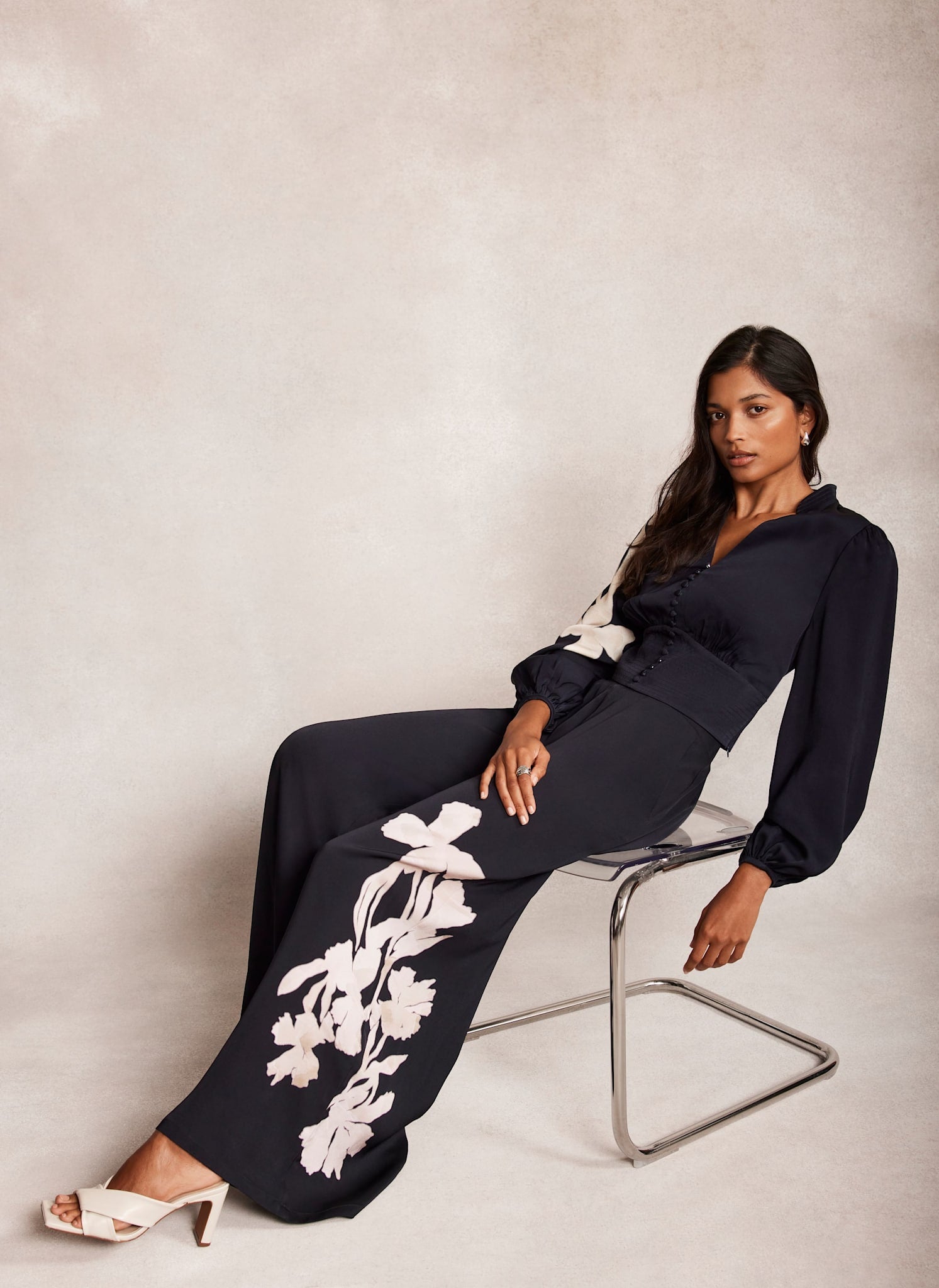 Navy Floral Print Wide Trousers
