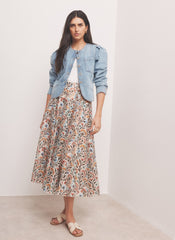 Orange Floral Print Midi Skirt