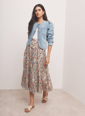 Orange Floral Print Midi Skirt