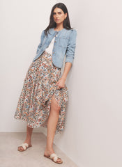 Orange Floral Print Midi Skirt