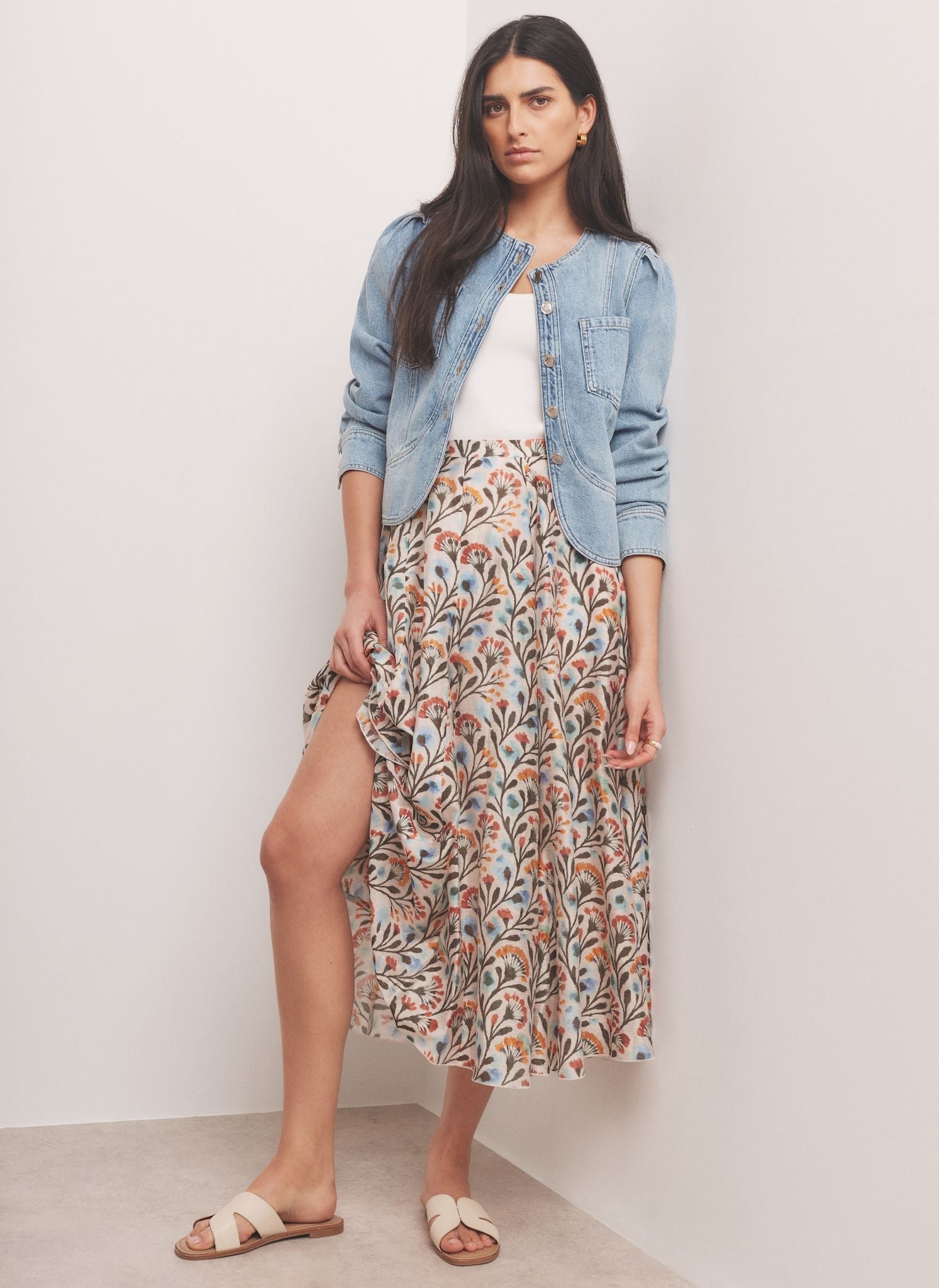 Orange Floral Print Midi Skirt