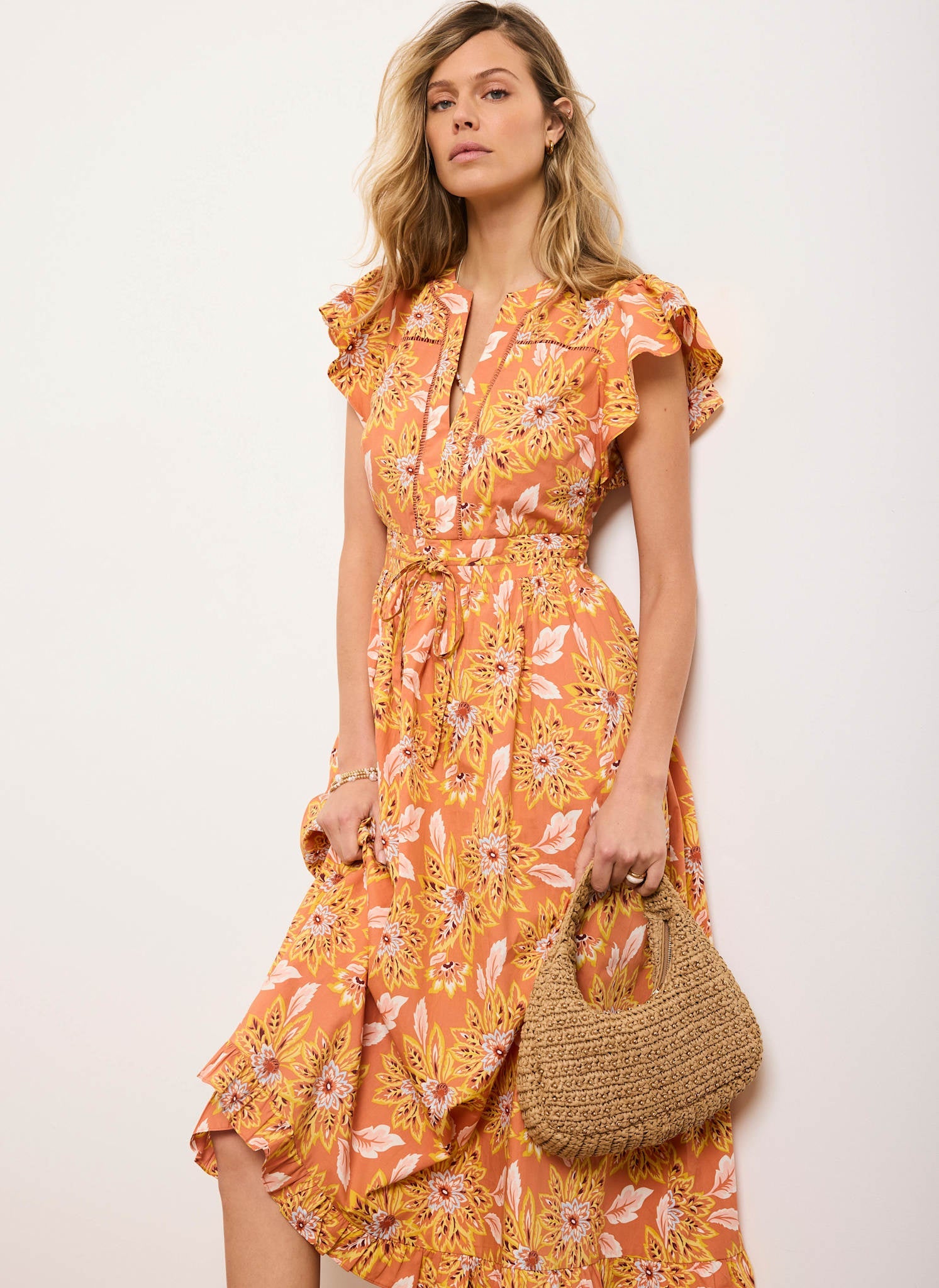 Orange Floral Print Cotton Midi Dress