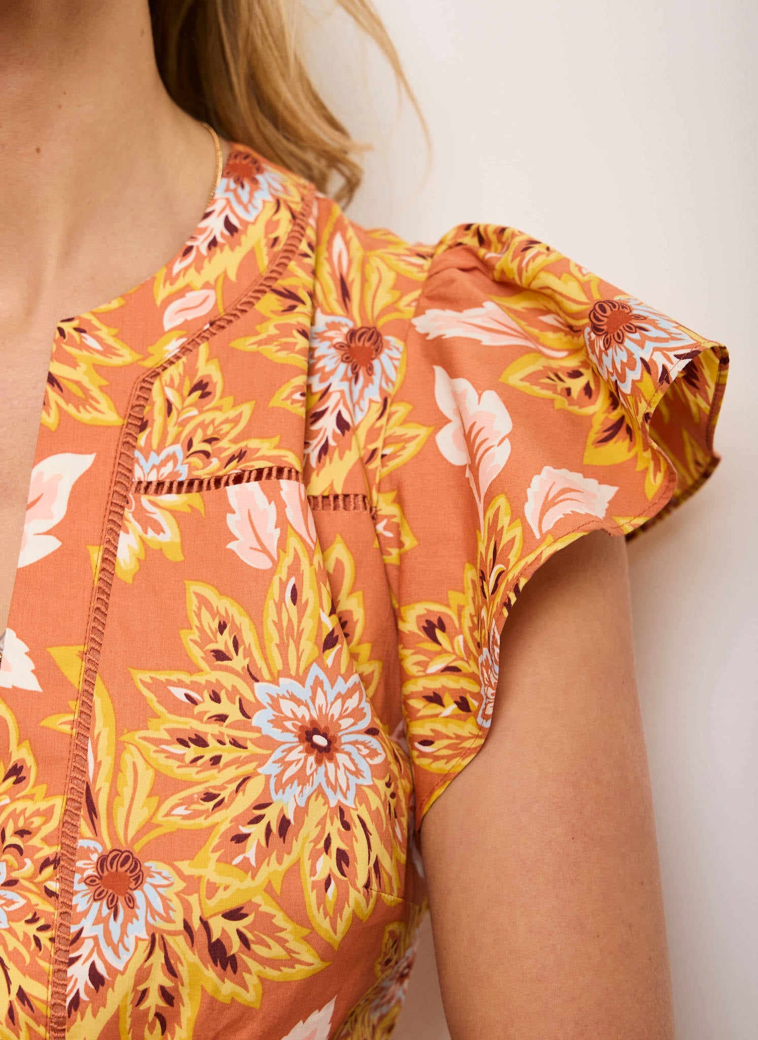 Orange Floral Print Cotton Midi Dress