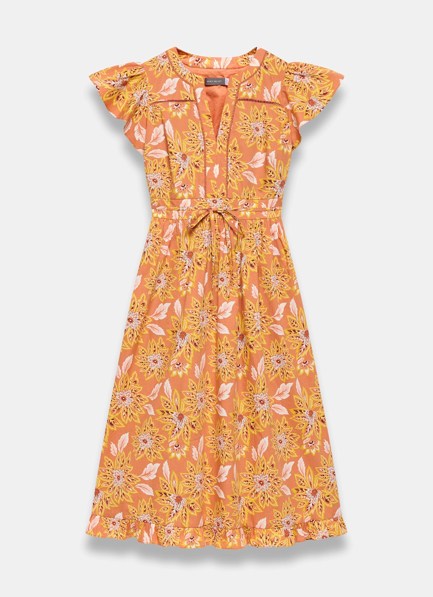 Orange Floral Print Cotton Midi Dress