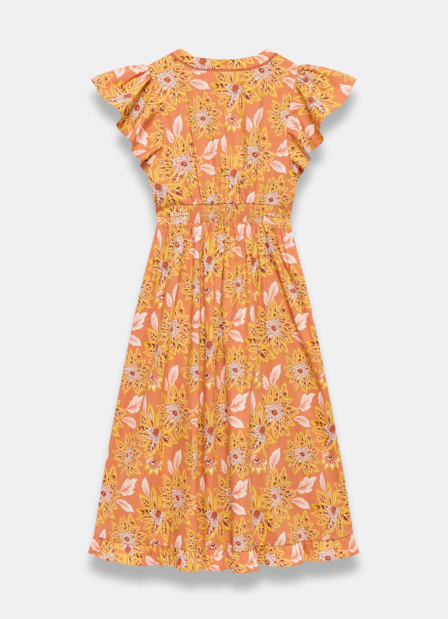 Orange Floral Print Cotton Midi Dress