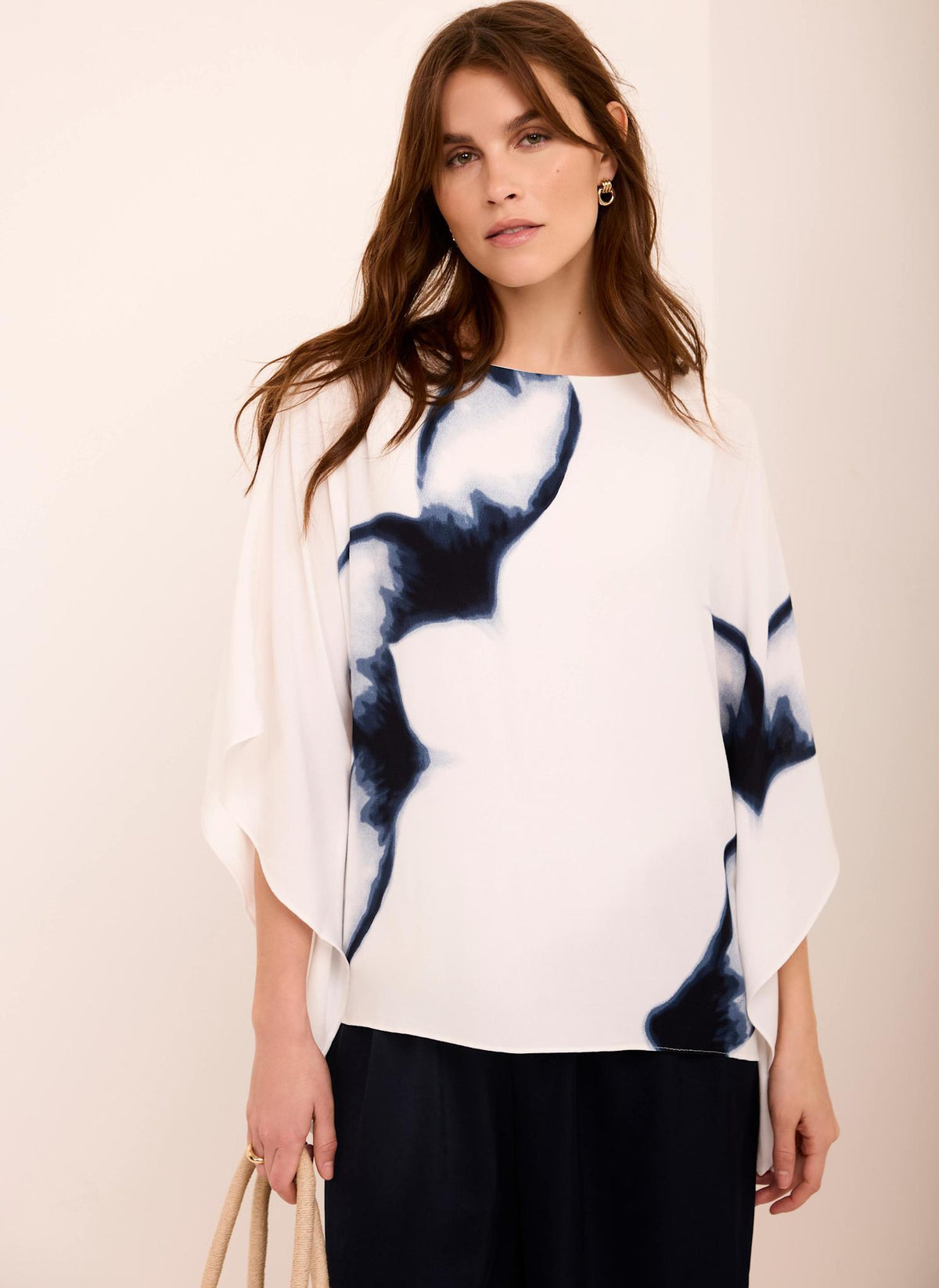 White Print Batwing Top